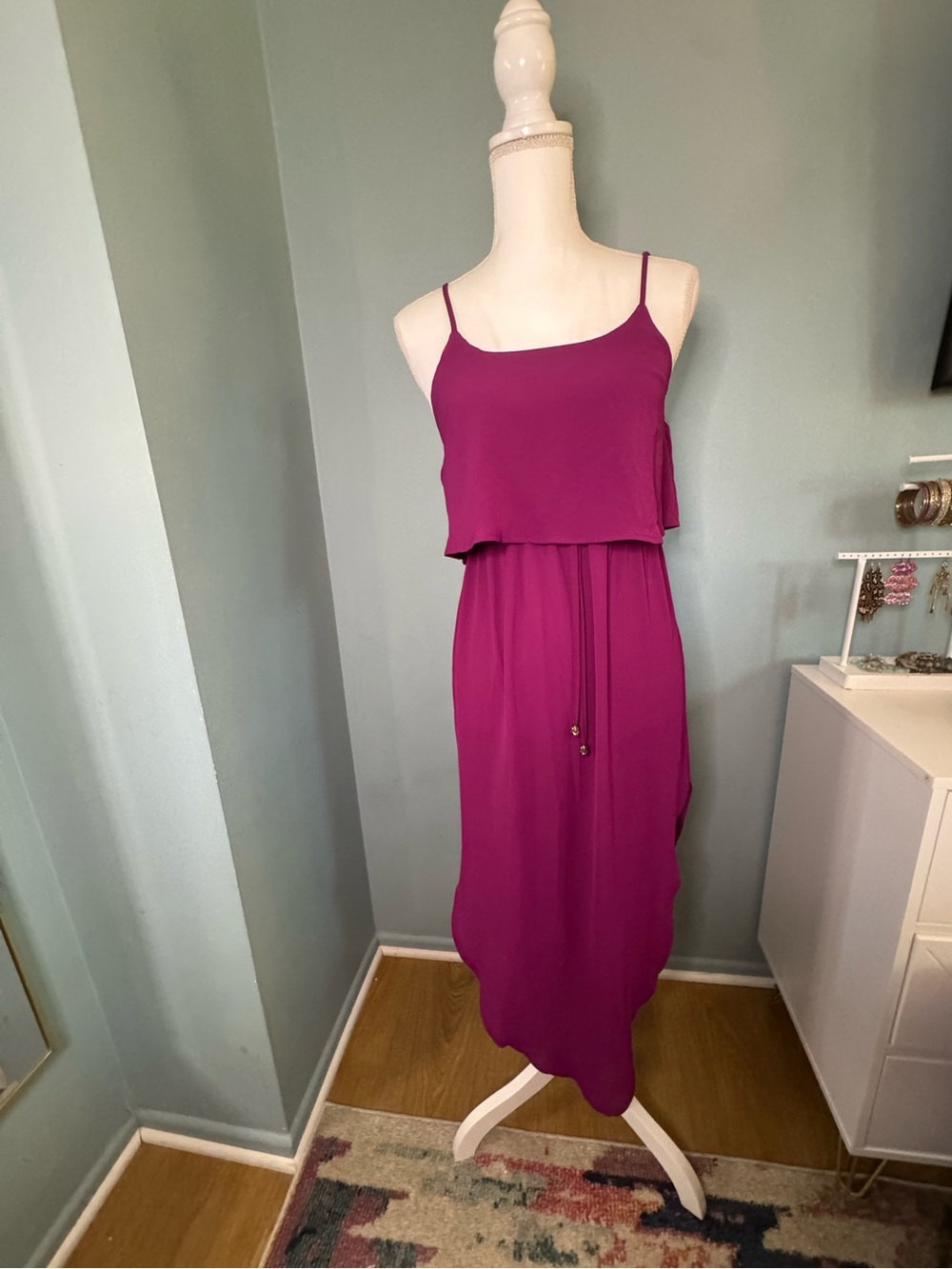Women's Magenta Spaghetti Adjustable Strap Maxi Hi Low Sundress Dress Small